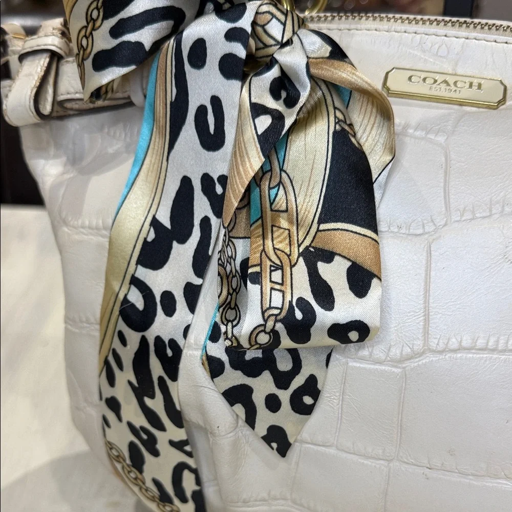 Coach Ivory Croc-Embossed Satchel with Scarf